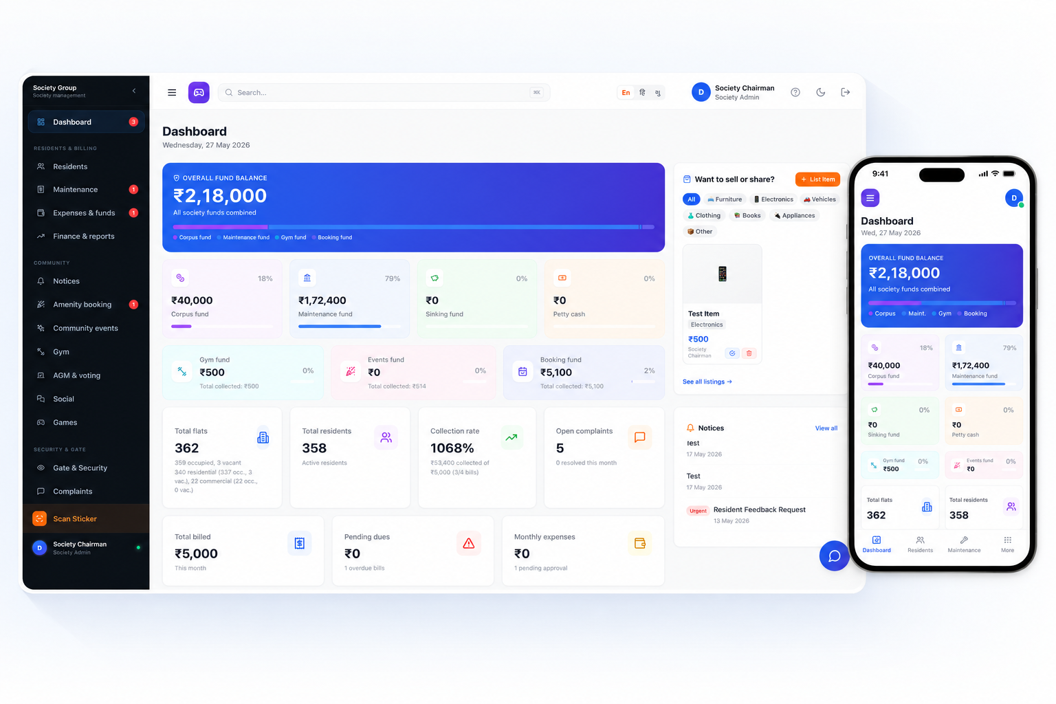 myKutir dashboard — desktop admin view and mobile app side by side