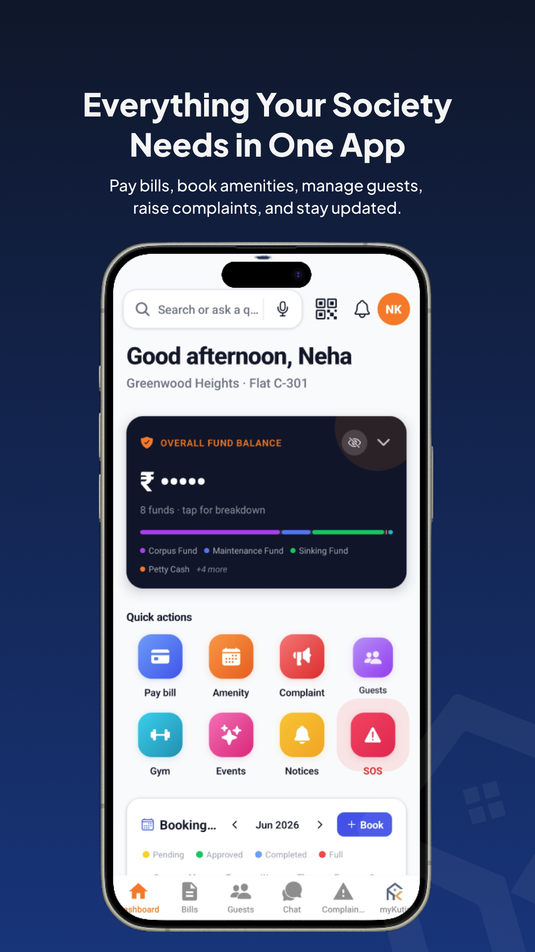 myKutir resident dashboard — fund balance, quick actions, booking calendar