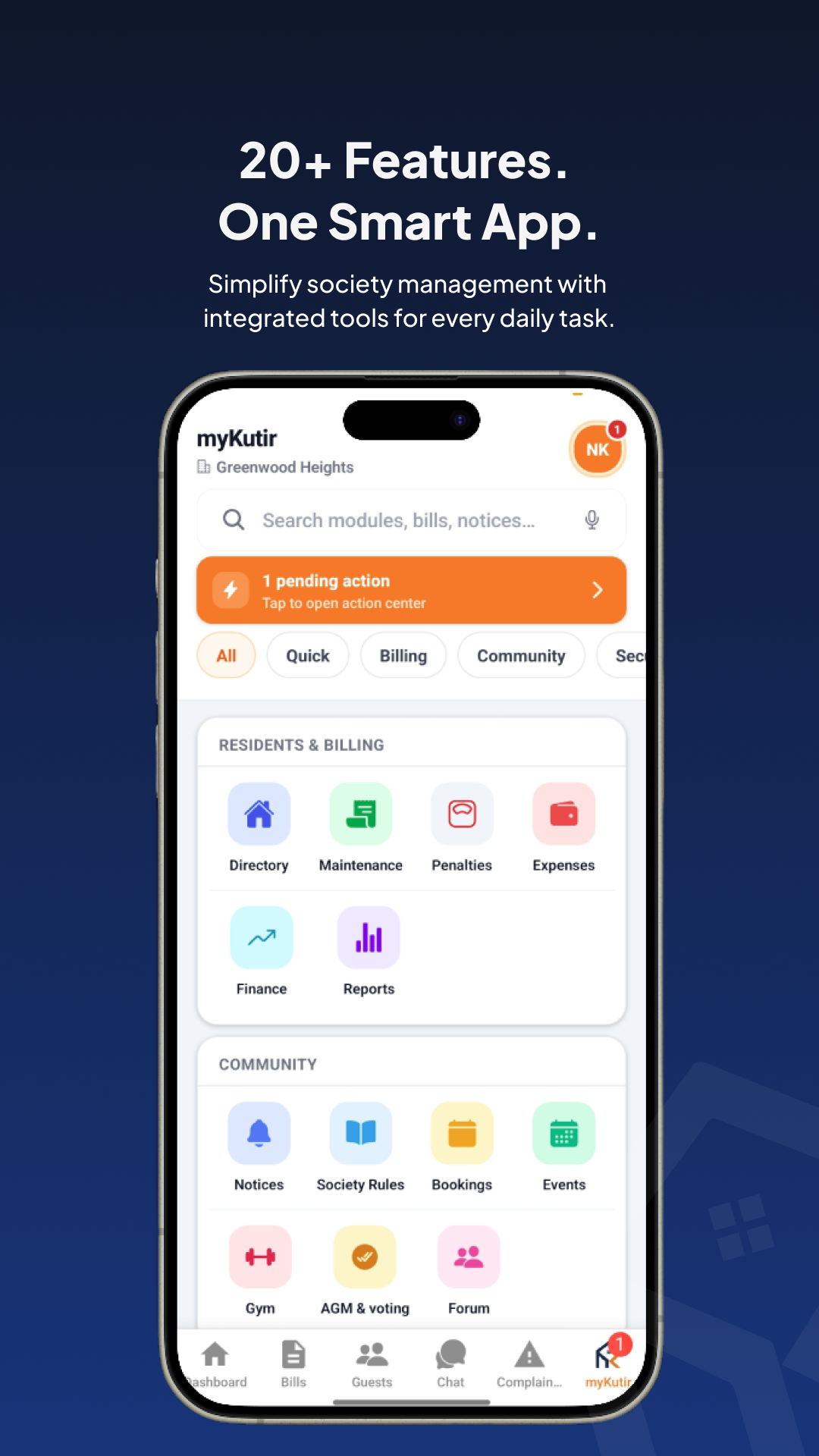 20+ features in one app — residents & billing, community, security modules