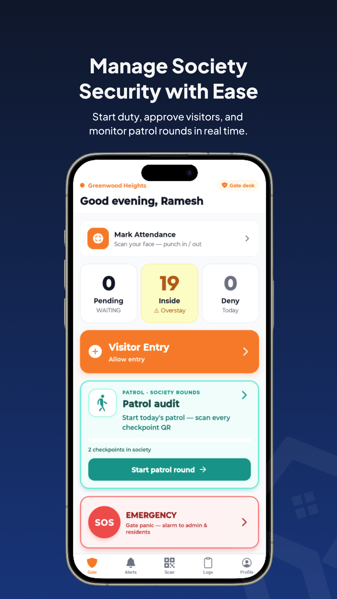 Guard dashboard — visitor entry, patrol audit, SOS emergency button