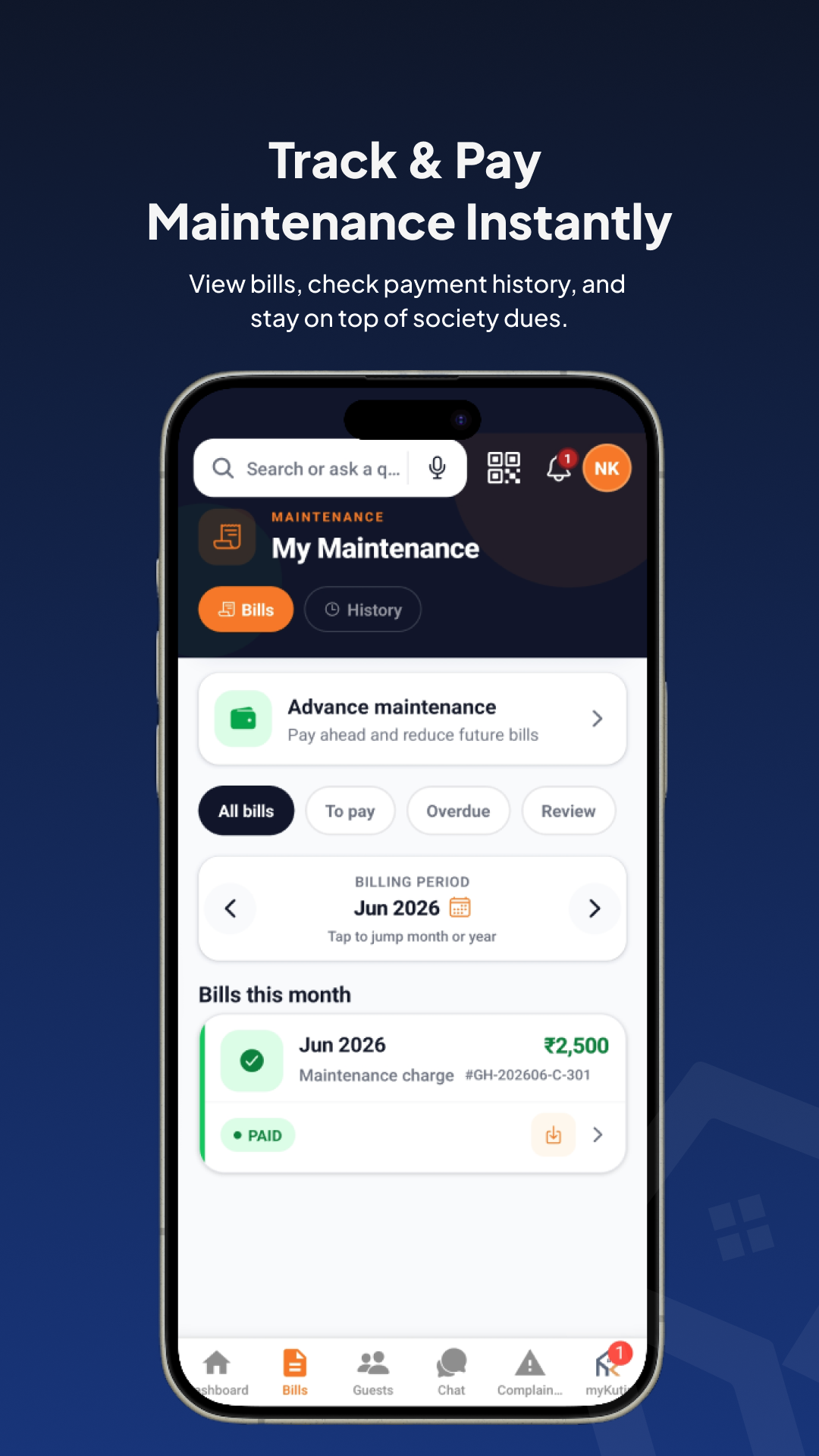 My Maintenance — view Jun 2026 bill, PAID status, download receipt